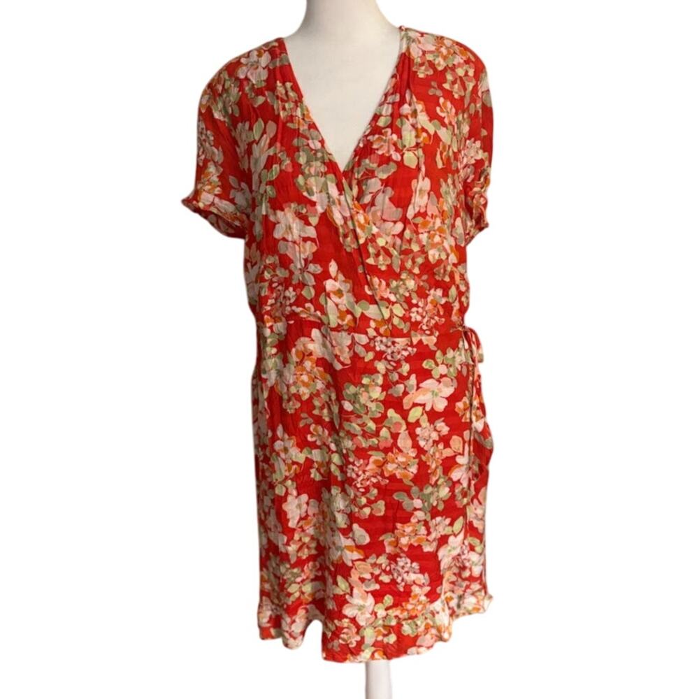J. Jill Red Floral Flutter Sleeve Wrap Dress Size Large‎